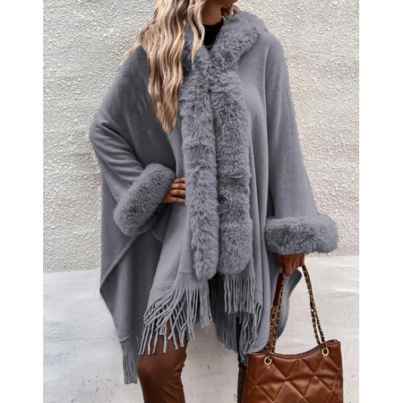Cozy vegan fur dolman sleeve tssel poncho shawl scarf wrap cardigan - Picture 13 of 16